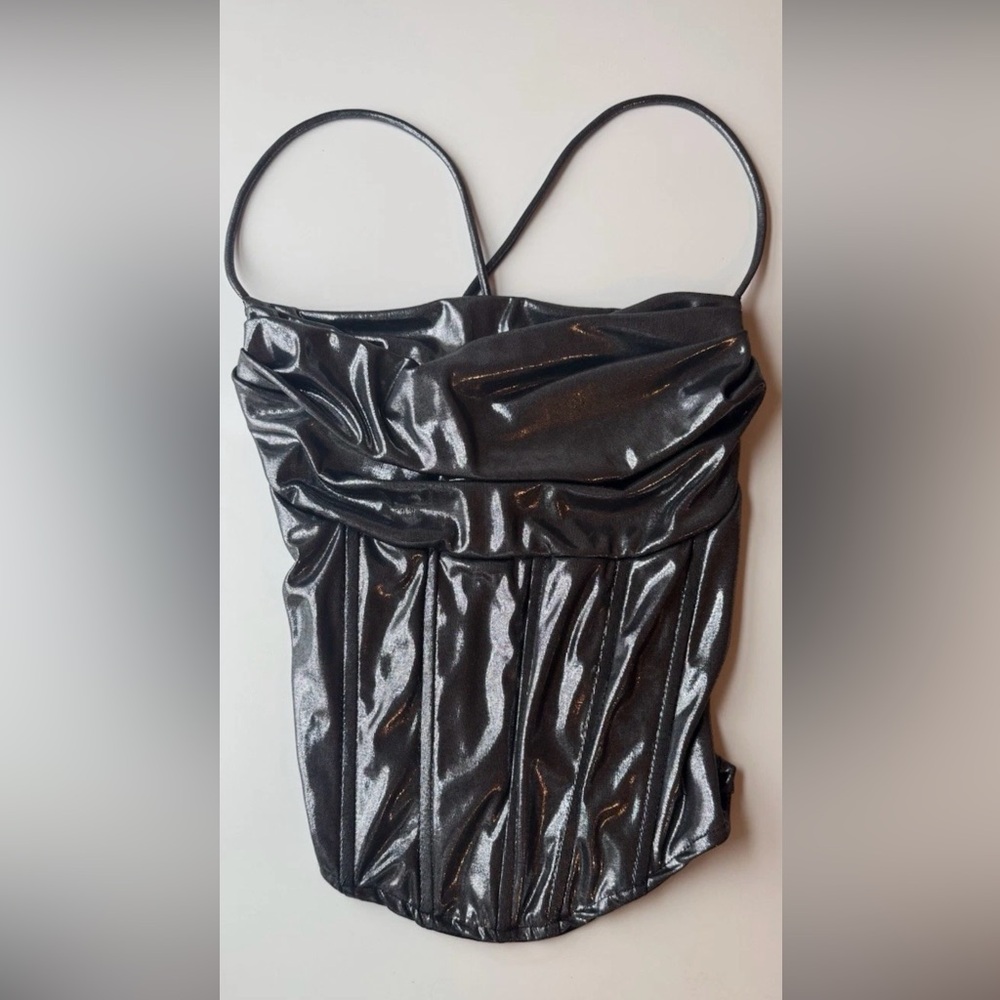 Y2K Metallic Silver Shiny Medium Corset Top Rave Festival Disco Clubbing Party